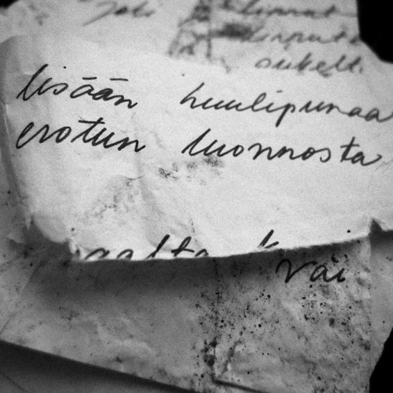 Vedessä uitettu valkoinen runopaperi, jolla teksti "Lisään huulipunaa, erotun luonnosta".