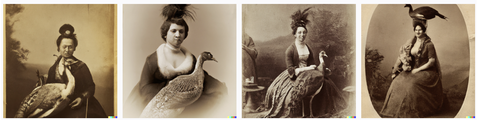 Albumen style photograph with women holding birds