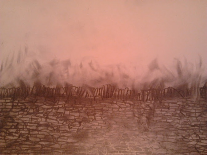 A charcoal drawing of a dry stone wall on rose-tinted paper.