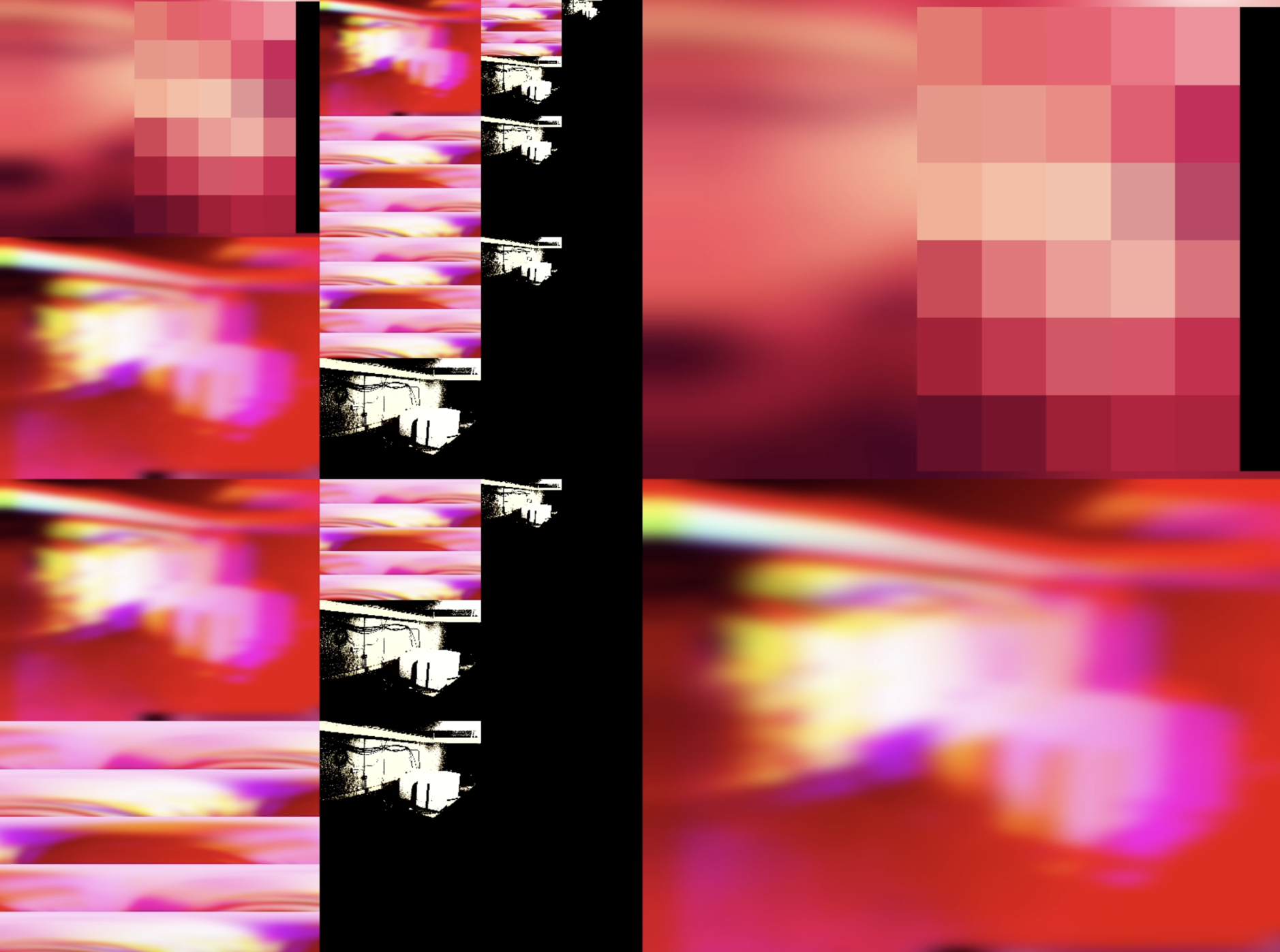 A still shot from the data visualisation piece Gate. The visualisation algorithm chaotically processes a public domain image of the ESK sensor vaults according to volume of current seismic activity reported by the sensors.