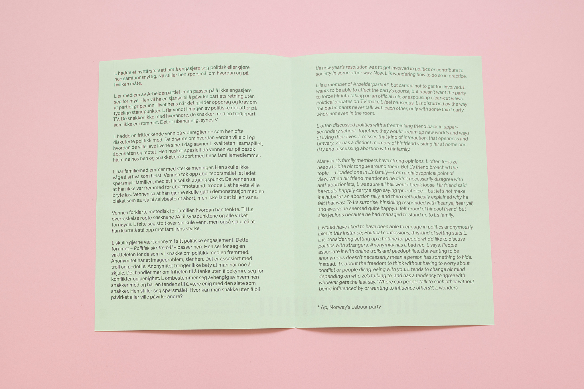 MVH, ANONYM
KIND REGARDS, ANONYMOUS
2/10
Political Confessions (publication)
Photo: Bjarte Bjørkum