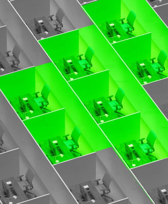 Image of grey and green office cubicles as reference list.