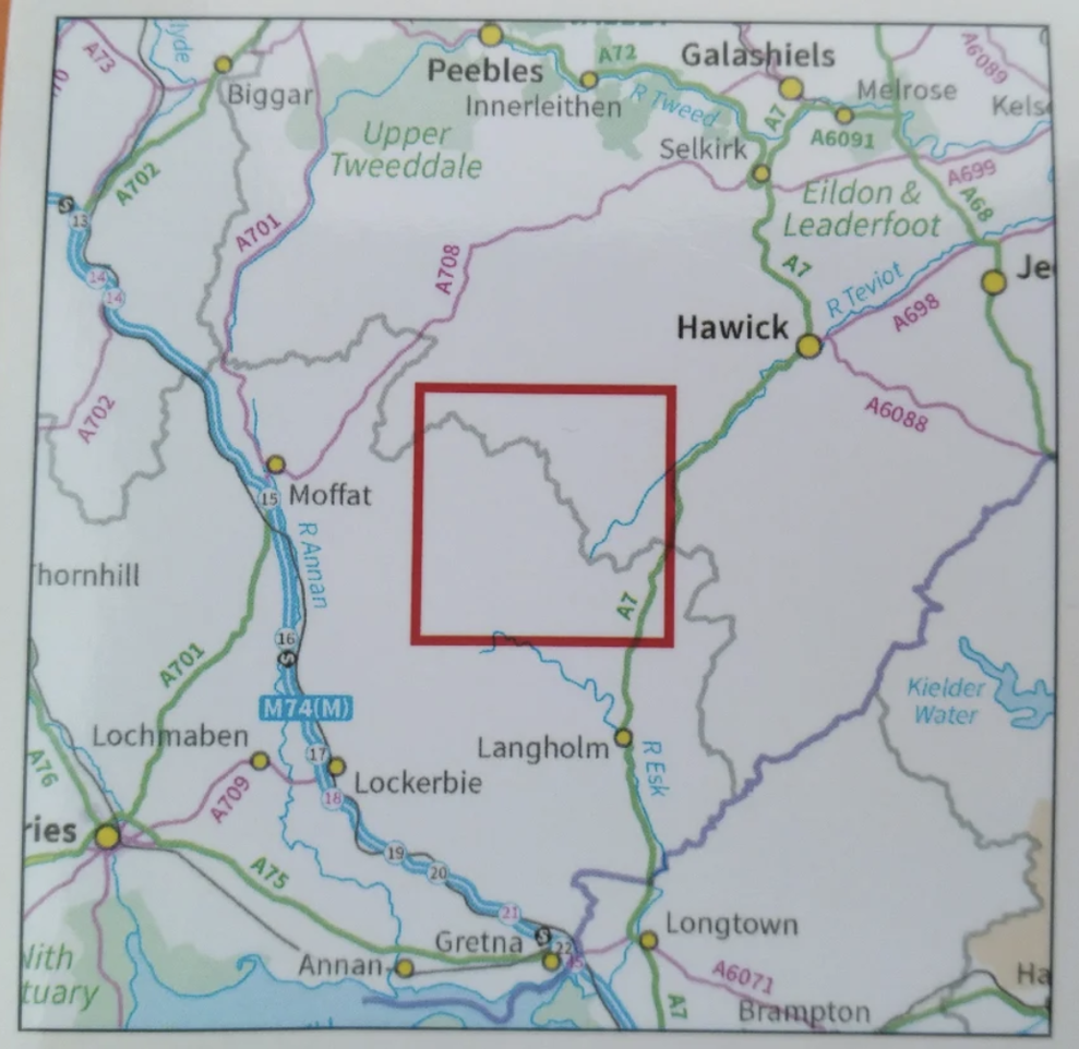 Jorge Boehringer, ESK region, 2025, digital image.
A detail re-photographed from a custom designed map derived from an OS map displaying the region in which Eskdalemuir, Scotland, and the Eskdalemuir Observatory are located.