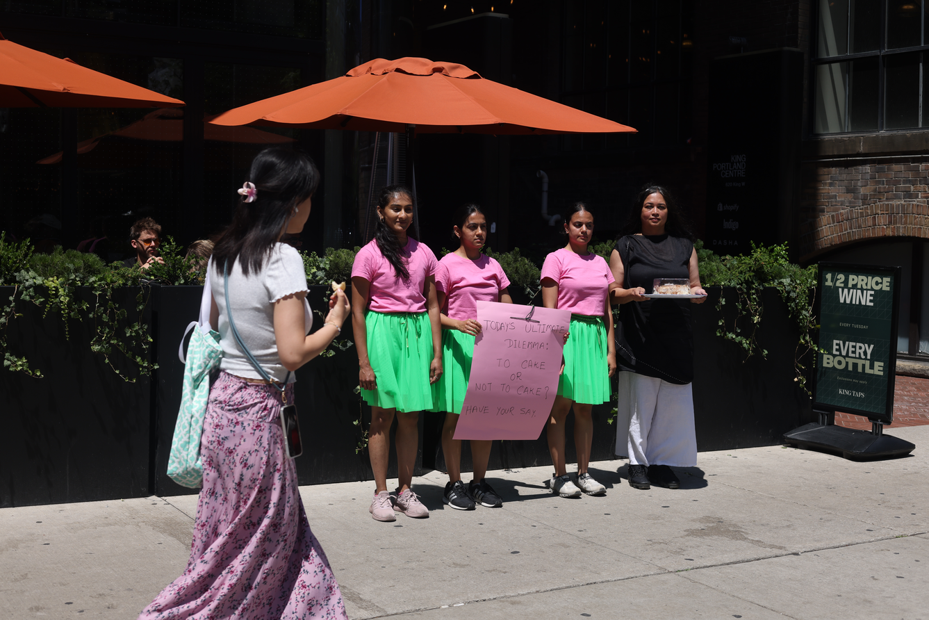 Momentarily transforming the popular destination at King and Portland into a site of critical engagement through a 29-step choreography that invited spatial negotiation and encounters with the Other within a space that is otherwise governed by capitalist-consumerist logic that actively seeks to erase all forms of anomaly.
This is created in response to Score 4.
Score 4 is created by Mushtari Afroz
Choreography created by Mushtari Afroz
Performance co-created with Rachana Joshi, Rajvi Dedhia and Nidhi Baadkar.