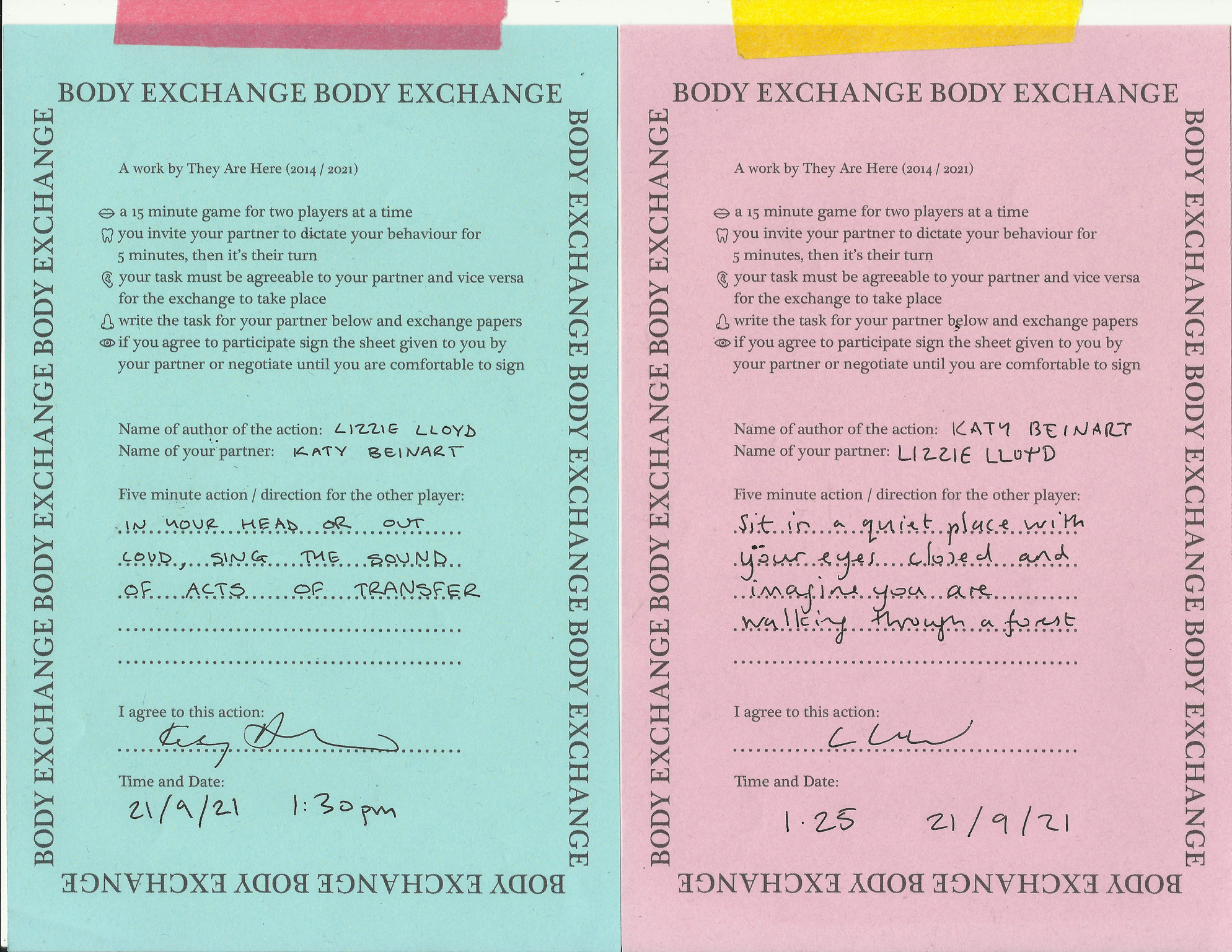 A scan of a pink and blue piece of paper with typed text saying 'Body Exchange' and detailed instructions, and some handwritten text.
