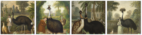 Emu like birds in a garden setting, with strange figures that are not quite human