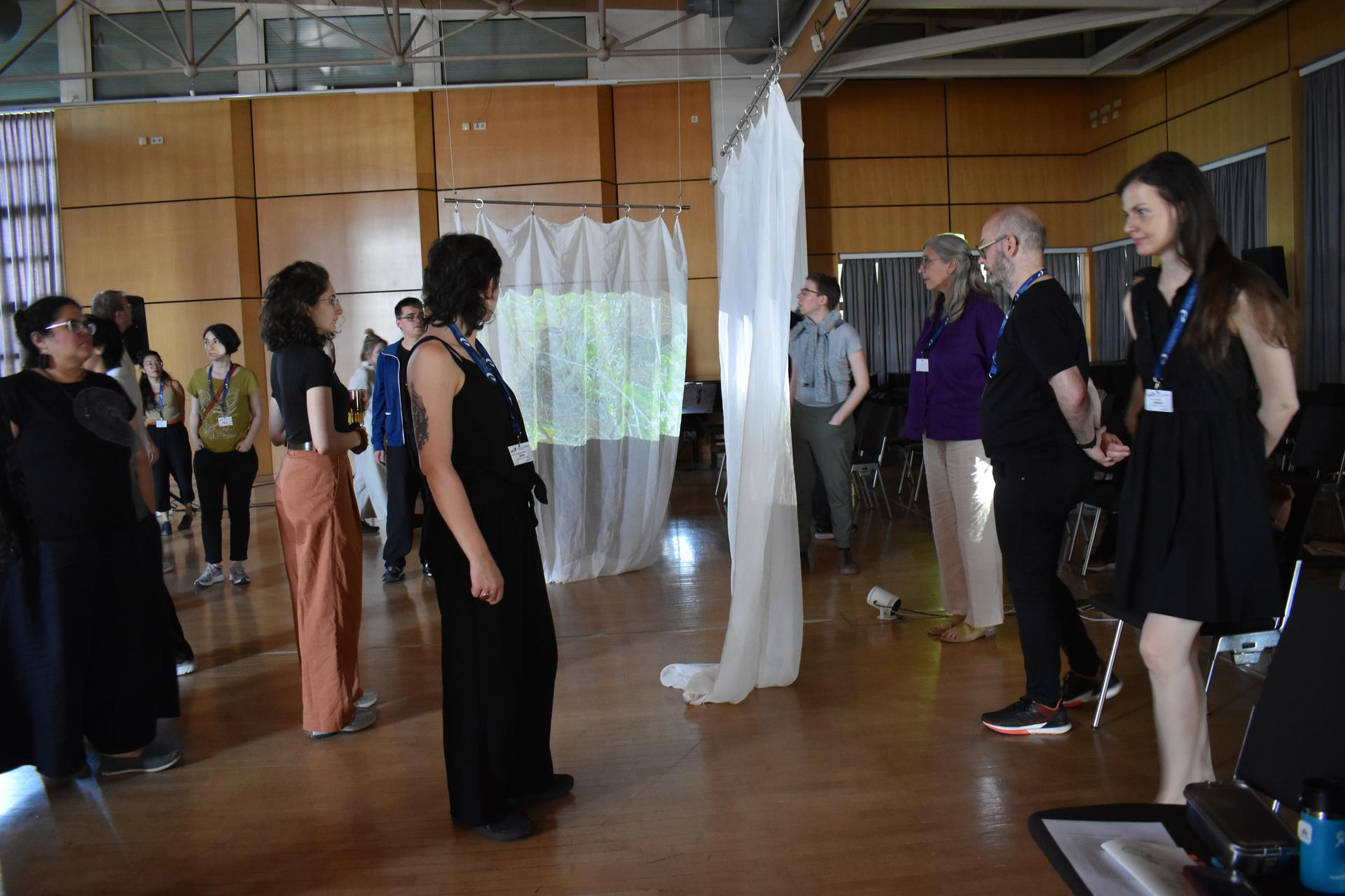 People standing, wandering and listening to the audio-visual installation. The two semi opaque curtains show garden matter.