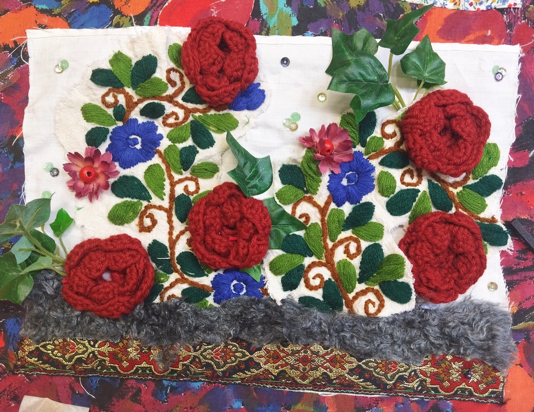 3D crocheted flowers on applique textile