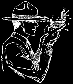 An inverse image of a scout looking through a compass in order to 'slight a line' in a landscape.