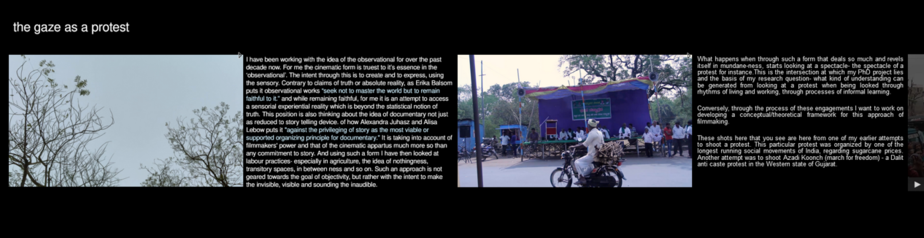 Screenshot of video stills and text from Ujjwal Utkarsh's expotion "The Gaze as a Protest".