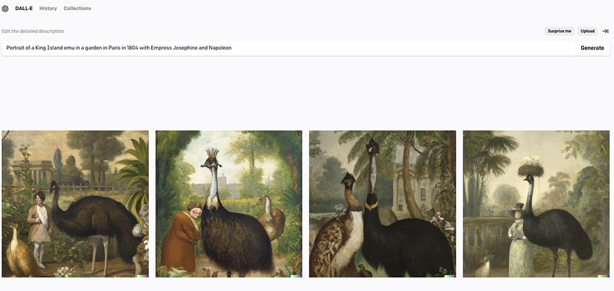 Image of dwarf emus in a garden in paris, generated by DALLE-2