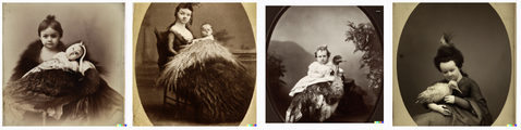 Albumen style photographs with women holding birds