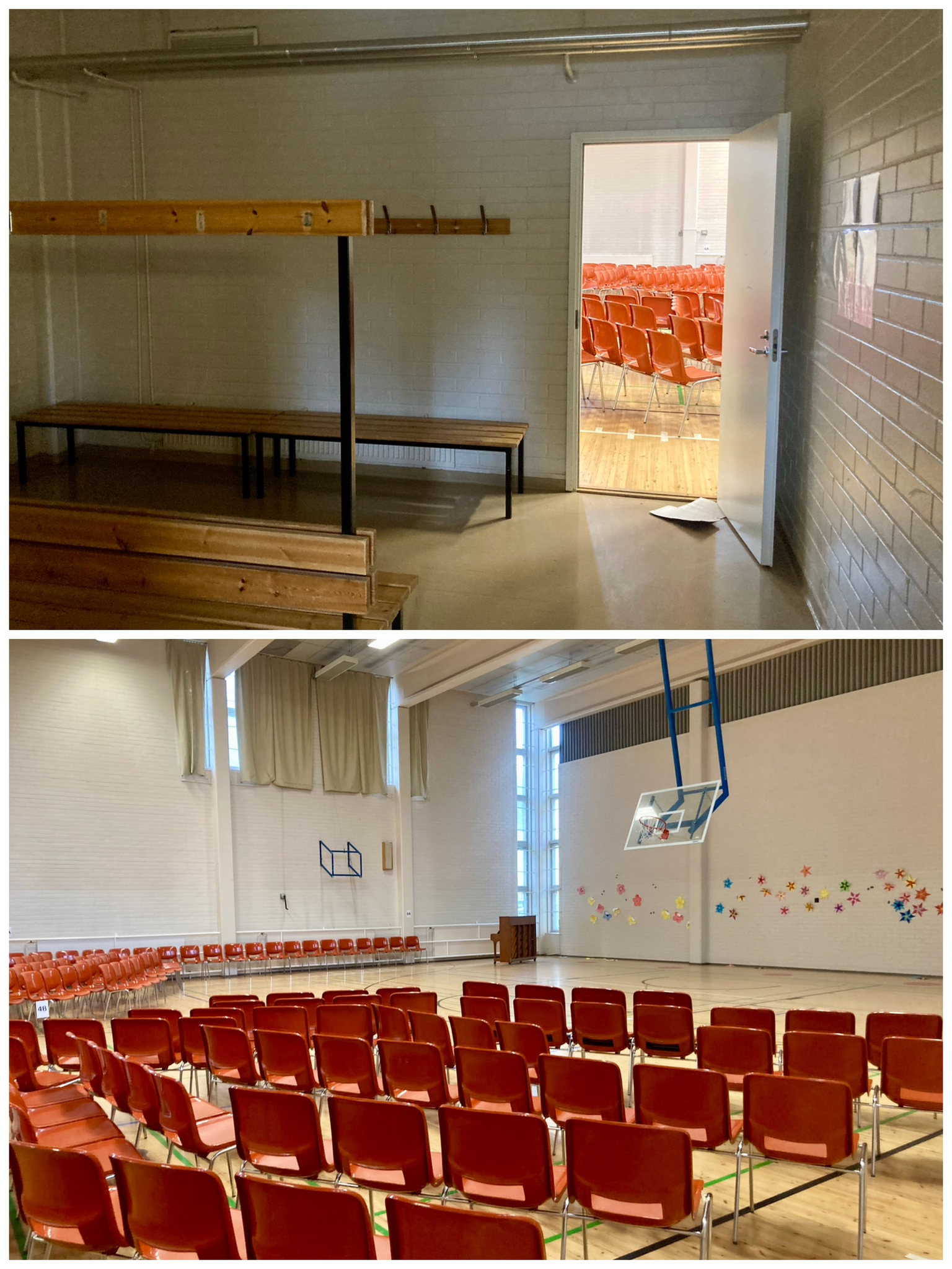 A photographic diptych of the school's sports and festival hall.