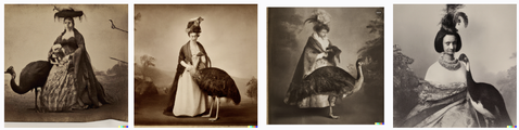 Albumen style photographic images of women holding birds