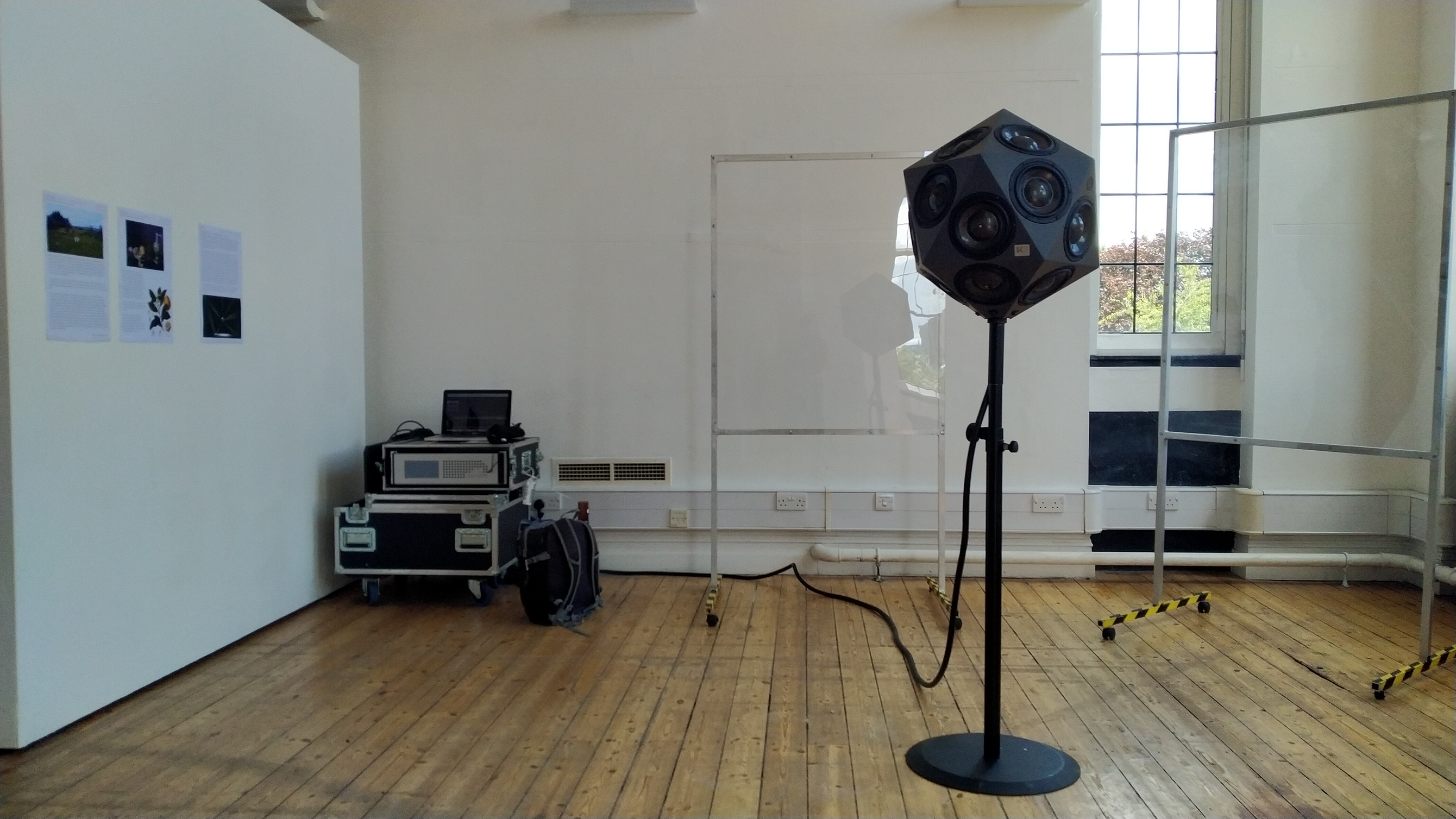 Image depicts installation of the piece Brraap and showcases the IKO icosahedral Ambisonics speaker array.
