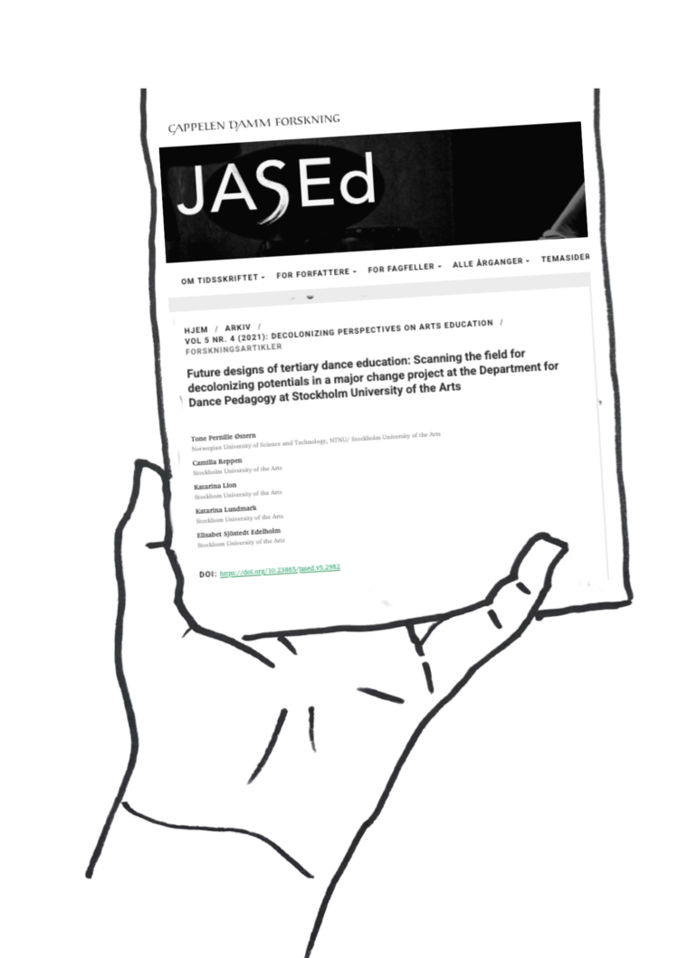Screenshot and illustration of left hand holding the article Future designs of tertiary dance education: Scanning the field for decolonizing potentials in a major change project at the Department for Dance Pedagogy at Stockholm University of the Arts (Østern et al. 2021).