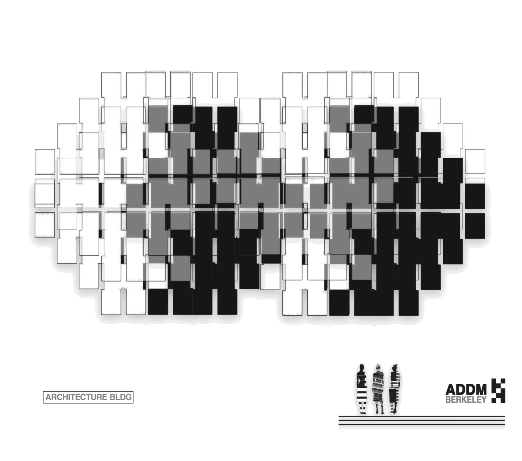 Black-and-white architectural reference image integrating graphic pattern systems with labeled building-scale context.