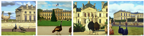 Oil painting style rendering of buildings that are not quite finished properly, and birds in the foreground that look a bit like emus