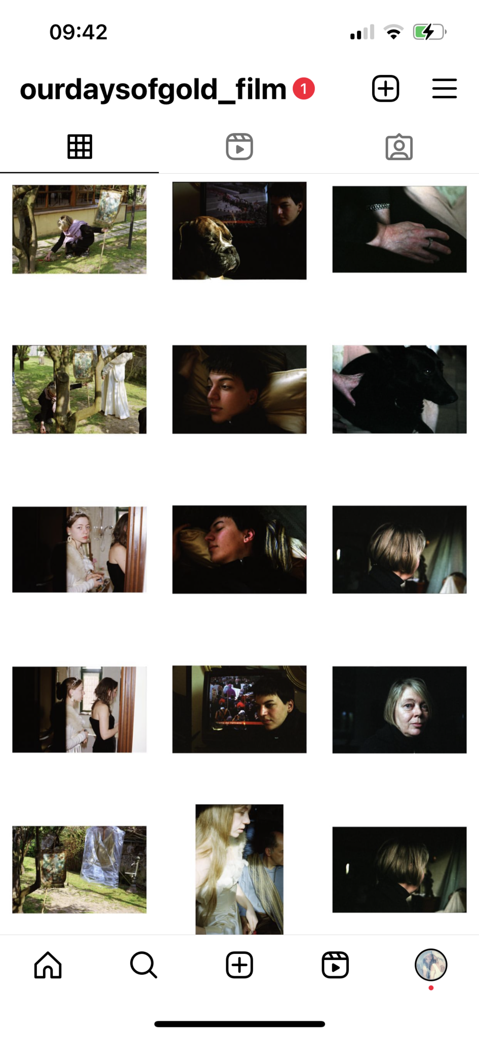 The screenshot shows an Instagram grid from the account ourdaysofgold_film. The grid contains 15 photographs arranged in a 3x5 format. The images vary in tone: some are brightly lit with natural daylight in outdoor garden settings, showing vivid greens, yellows, and earth tones; others are dimly lit interiors or night shots, where figures are illuminated against darker backgrounds with softer, shadowed light. Strong contrasts of light and dark are visible in several images, while others display warmer hues, such as reds, browns, and golds, under artificial light. The overall grid alternates between bright outdoor scenes and darker, more intimate close-ups, creating a shifting rhythm of luminosity across the rows.
