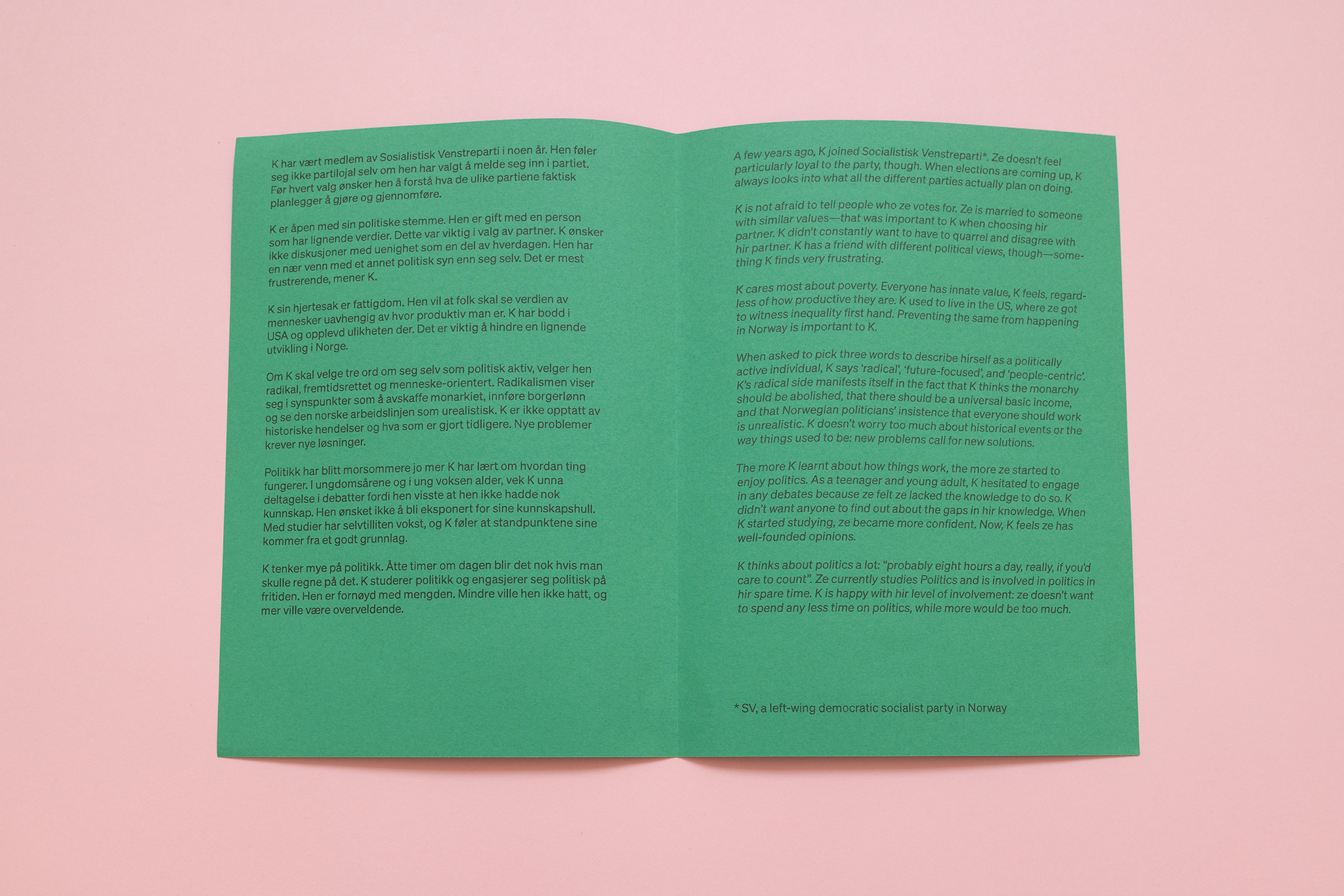 ÅTTE TIMER OM DAGEN
EIGHT HOURS A DAY
8/10
Political Confessions (publication)
Photo: Bjarte Bjørkum