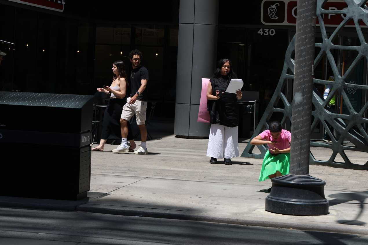 Uncommodified Pauses - Spoken Word Performance by Rajvi Dedhia at the intersection of King Street West and Charlotte Street in response to Score 3

Score 3 created by Mushtari Afroz
Response by Rajvi Dedhia