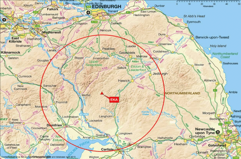 The image shows the wider geographical context for the Eskdalemuir Observatory.