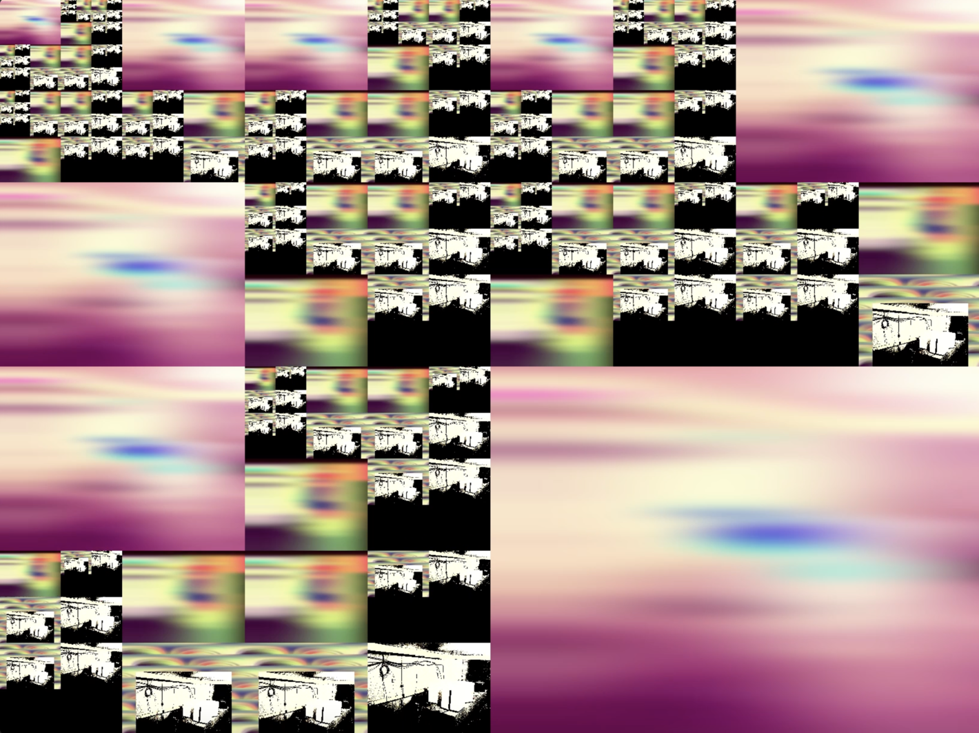 A still shot from the data visualisation piece Gate. The visualisation algorithm chaotically processes a public domain image of the ESK sensor vaults according to volume of current seismic activity reported by the sensors.