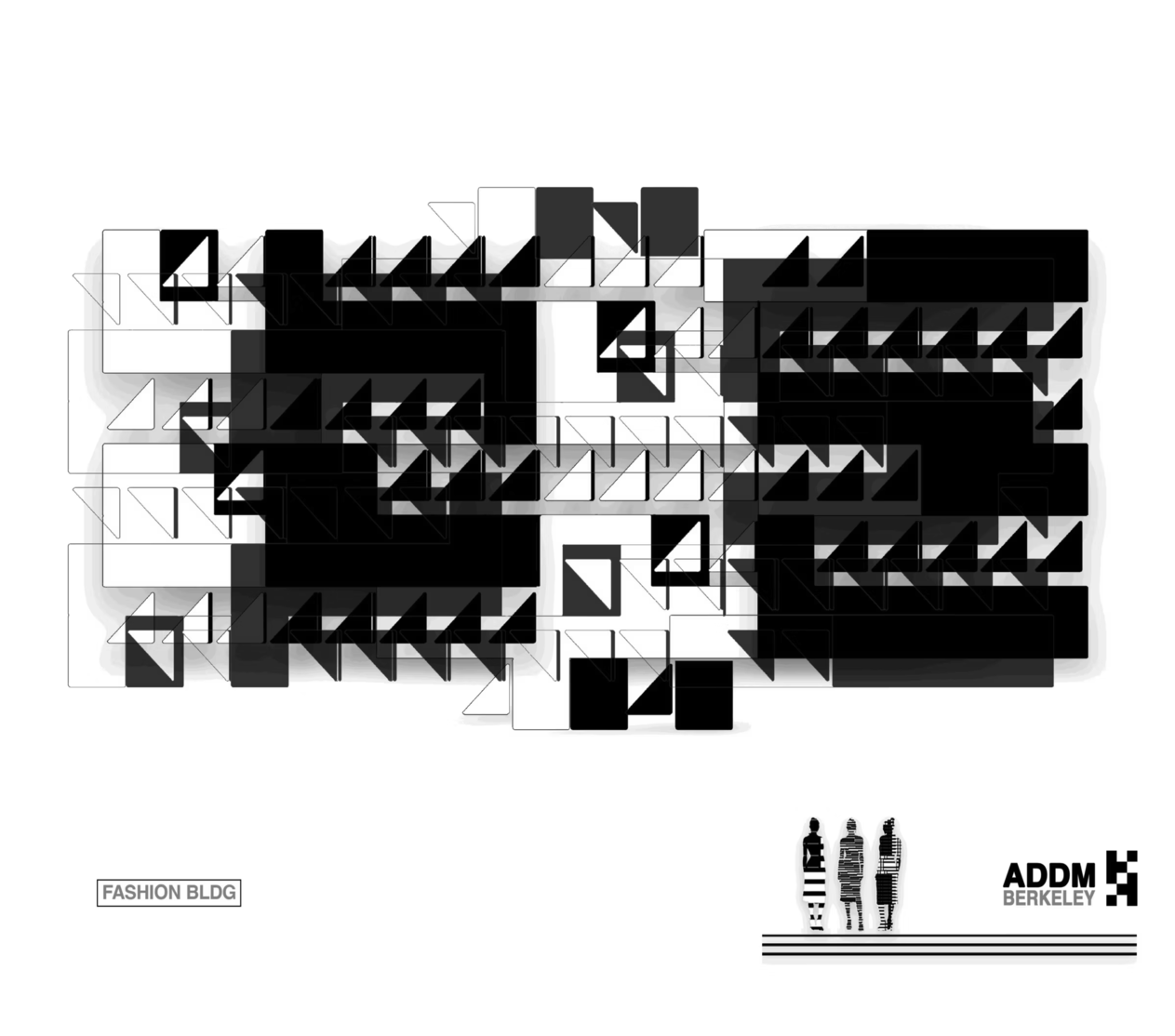 Layered black-and-white composition combining modular grid structures with architectural outlines and transitional overlaps.