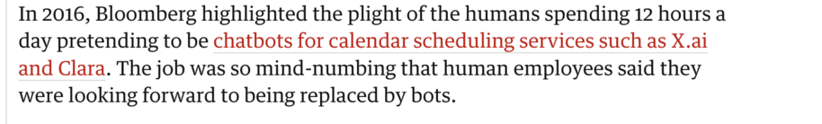 News clip of Solon, Olivia. “The Rise of ‘Pseudo-AI’: How Tech Firms Quietly Use Humans to Do Bots’ Work.” The Guardian, July 6, 2018. Accessed October 3, 2025.