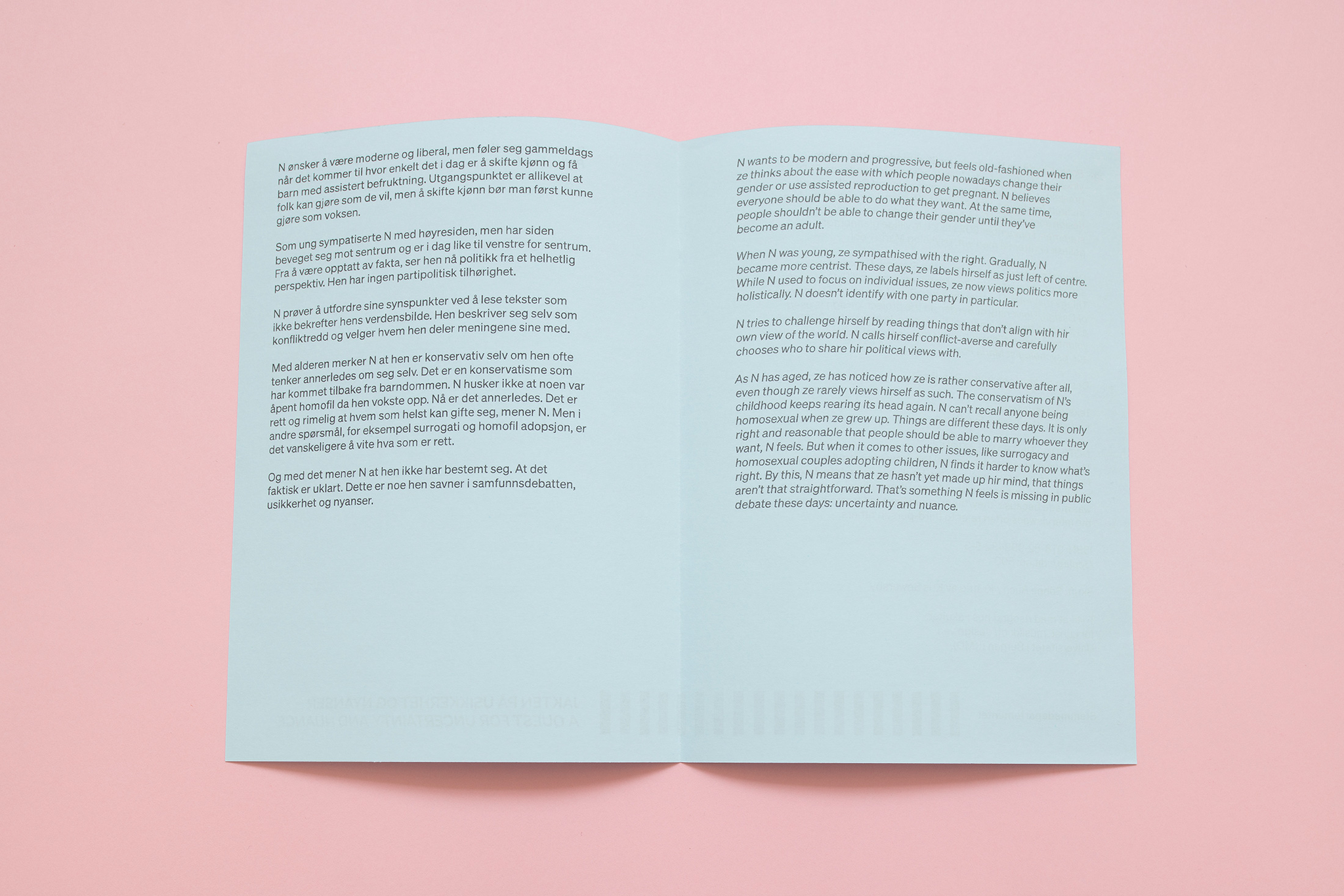 JAKTEN PÅ USIKKERHET OG NYANSER
A QUEST FOR UNCERTAINTY AND NUANCE
6/10
Political Confessions (publication)
Photo: Bjarte Bjørkum