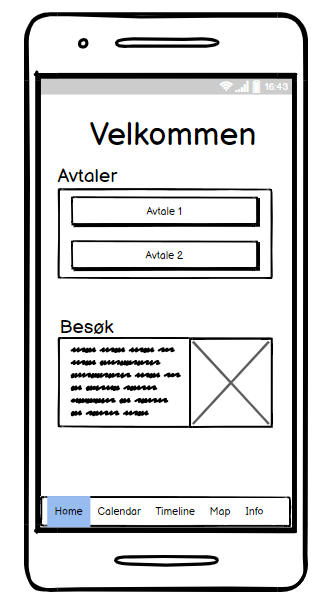 Wireframe som viser hjemmesiden i app